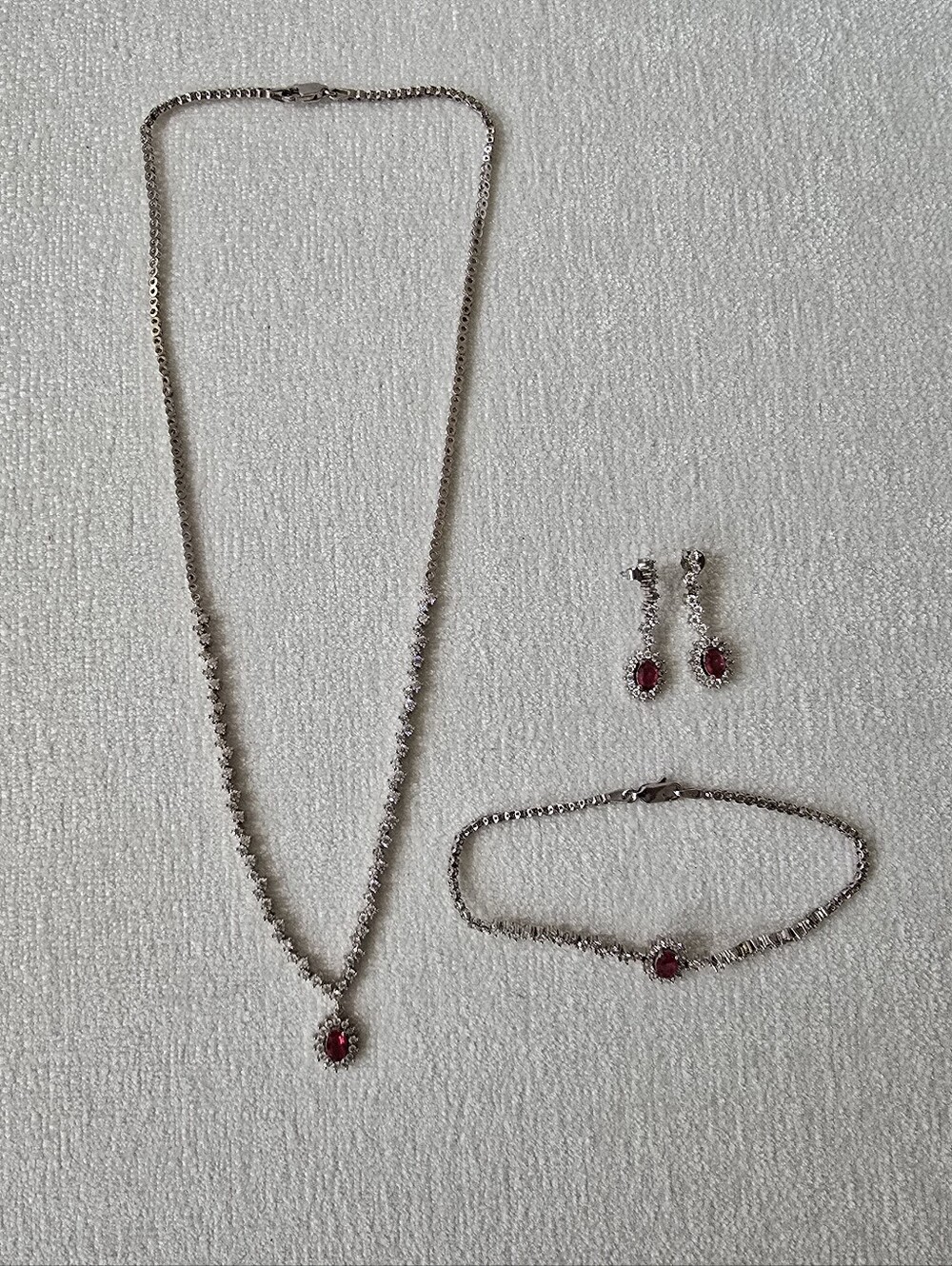 3 Pc Sterling Silver CZ Ruby Necklace, Bracelet and Drop Earring Set - Picture 4 of 9